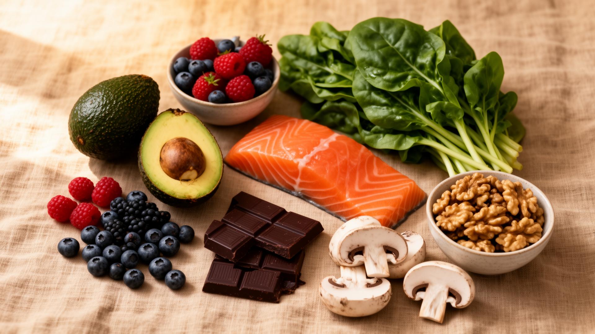 An assortment of brain-healthy whole foods including avocado, berries, leafy greens, salmon, walnuts, dark chocolate, and mushrooms