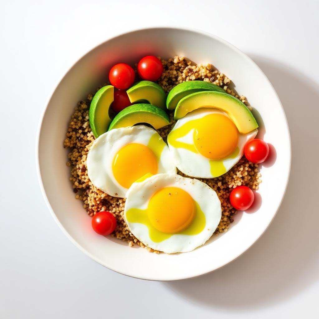 Quinoa, Eggs, Avocado, Tomato, Olive Oil